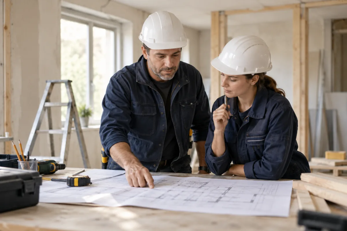Deux artisans étudient un plan sur un chantier de rénovation.