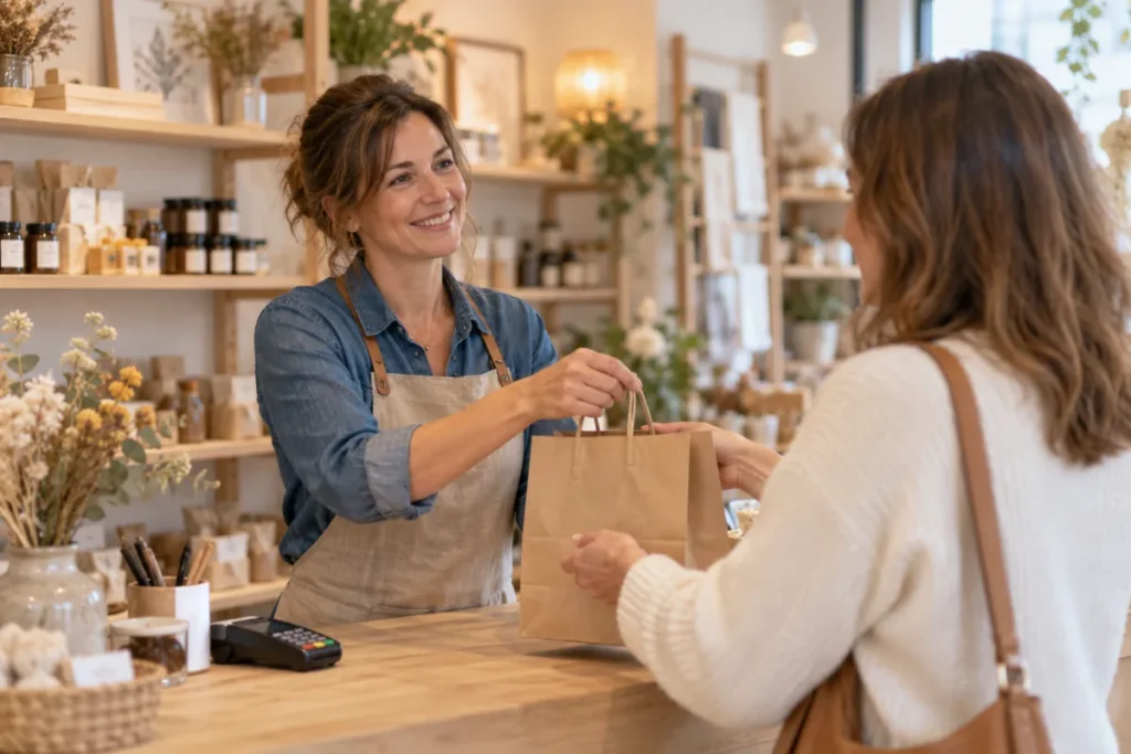 Une commerçante accueille une cliente au comptoir de sa boutique.